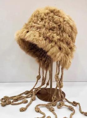 2024秋冬新款兔毛防寒保暖护耳盆帽流苏毛绒辫子包头显脸小渔夫帽