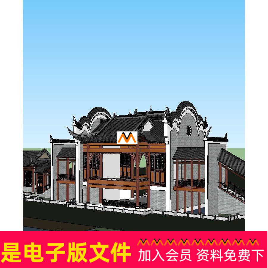 X74南方岭南风格露天古戏台戏楼看台歇山顶廊亭子休息长廊SU模型 - 实物图
