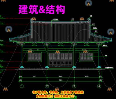 CAD仿古建筑寺庙寺院钢混框架三开间单层歇山顶文殊殿CAD图纸详图