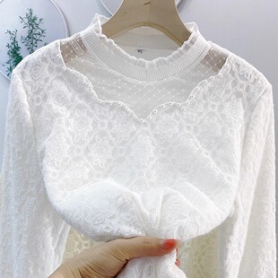 立领木耳边磨毛纱网蕾丝加绒打底衫宽松衬衫显瘦遮肉小香风小衫冬