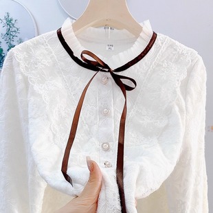 木耳领立领纱网蕾丝加绒打底衫女宽松衬衫显瘦遮肉小香风保暖衬衣