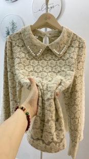 珍珠领纱网蕾丝打底衫宽松衬衫显瘦遮肉外搭小香风上衣小衫衬衣秋