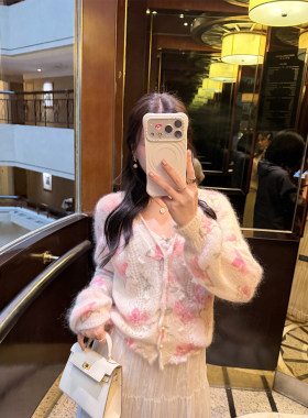 气质V领印花碎花温柔风针织衫
