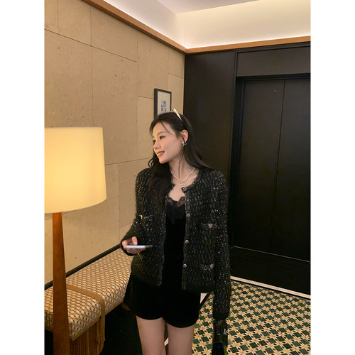 本希benxe/大女主高级设计感亮片编织黑色小香风外套