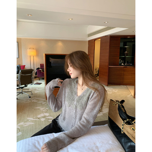 桑蚕丝羊毛混纺针织开衫 V领蕾丝花边长袖 毛衣 转角街头 本希benxe