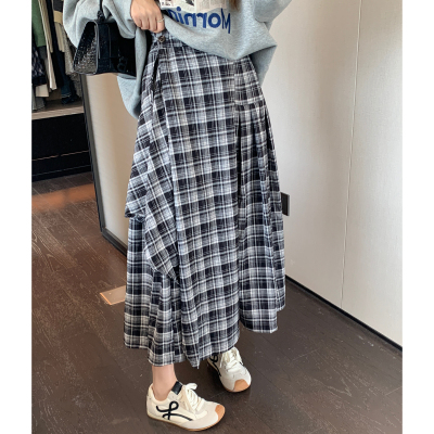 高腰显瘦格子不规则半身裙