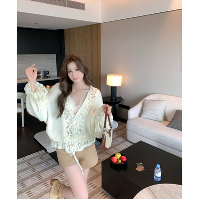 V领宽松抽绳球球针织毛衣上衣