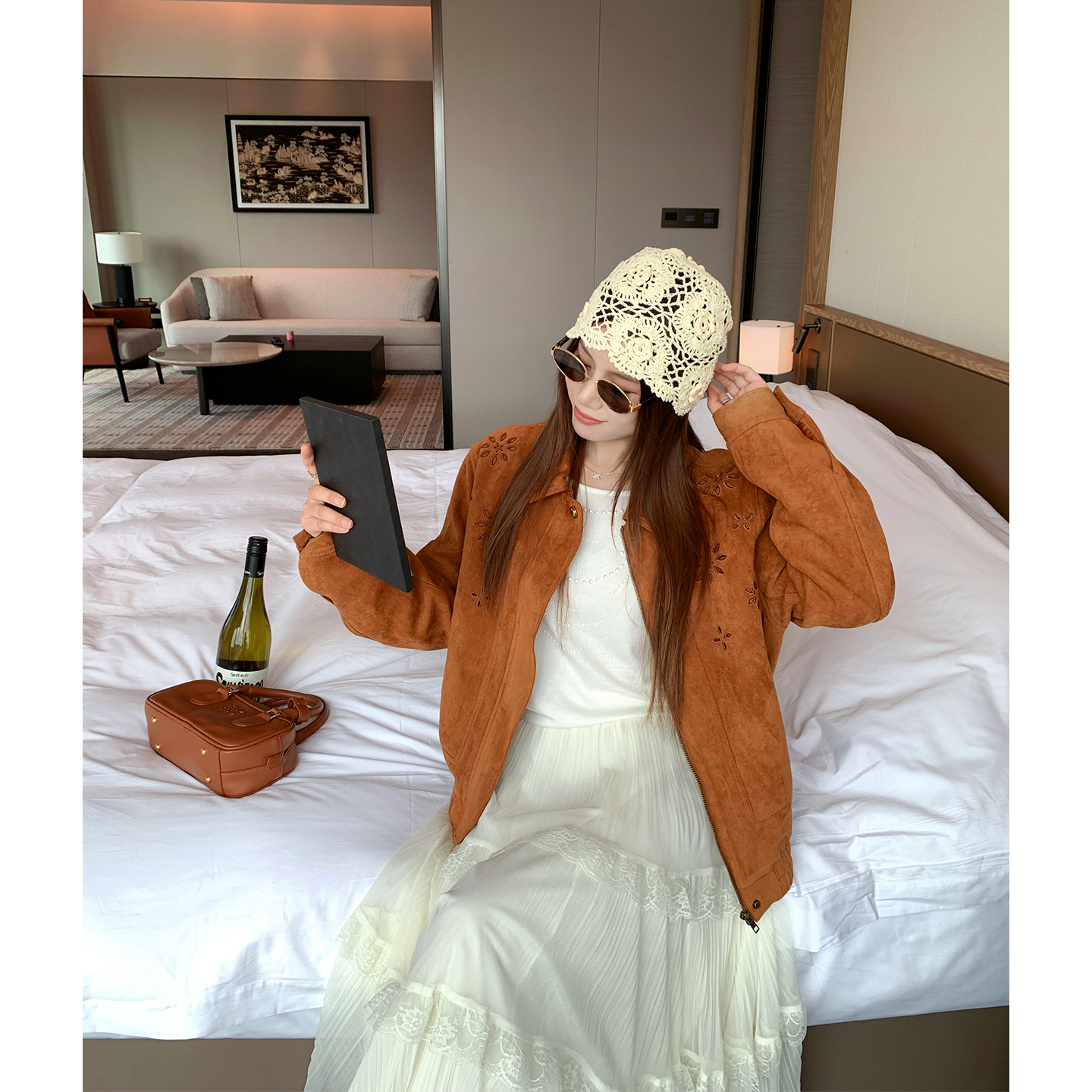 美拉德棕色重工刺绣麂皮衣外套