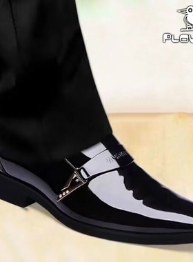 Plover皮鞋男士韩版青年真皮商务休闲鞋尖头亮面一脚蹬新郎结婚鞋