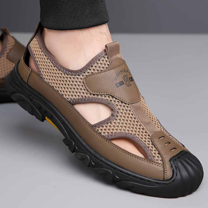 夏季新款真皮凉鞋男士镂空透气网面洞洞鞋休闲软底凉皮鞋男爸爸鞋