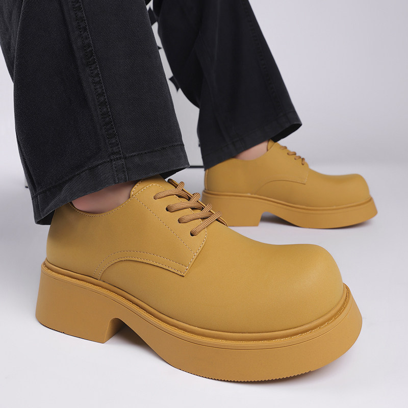 皮鞋男2026春季新款休闲风黄色圆头德比鞋厚底增高个性百搭大头鞋,流行男鞋,休闲皮鞋,淘宝优惠券,粉丝福利购,淘宝优惠卷