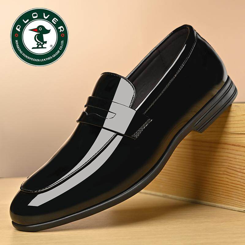 Plover皮鞋男士高档英伦低跟商务正装鞋亮皮一脚蹬轻便新款豆豆鞋
