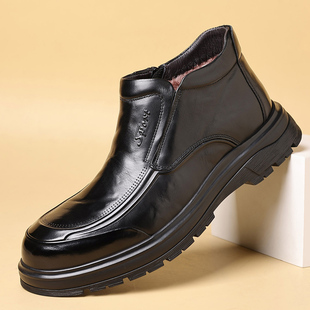 棉鞋男头层牛皮冬季高帮皮鞋男加绒保暖商务休闲一脚蹬中年爸爸鞋