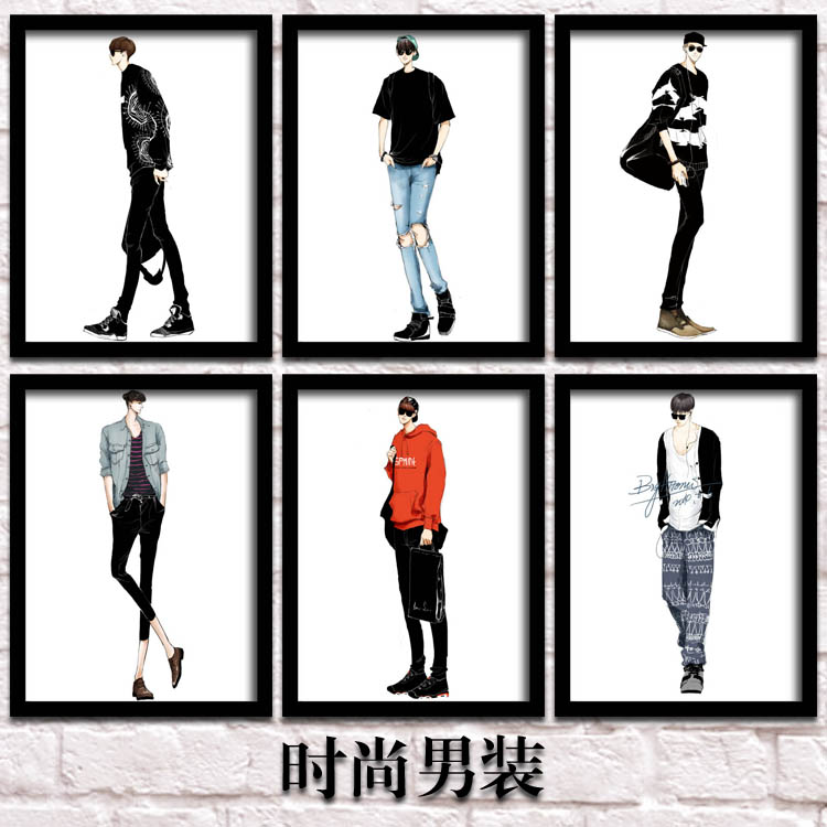 新品男装装饰画男模特手绘时装挂画服装店商场壁画收银台橱窗背景