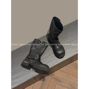 复古擦色厚底中筒马丁骑士靴 DENTUATUA 25ss 泰酷了 女 炸街