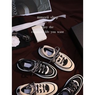 女系带真皮百搭单鞋 小香风黑白熊猫厚底休闲板鞋 精致贵气 MMEEII