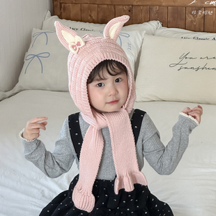 儿童帽子围巾一体小兔子耳朵2025年新款冬季带围脖大女孩宝好看的