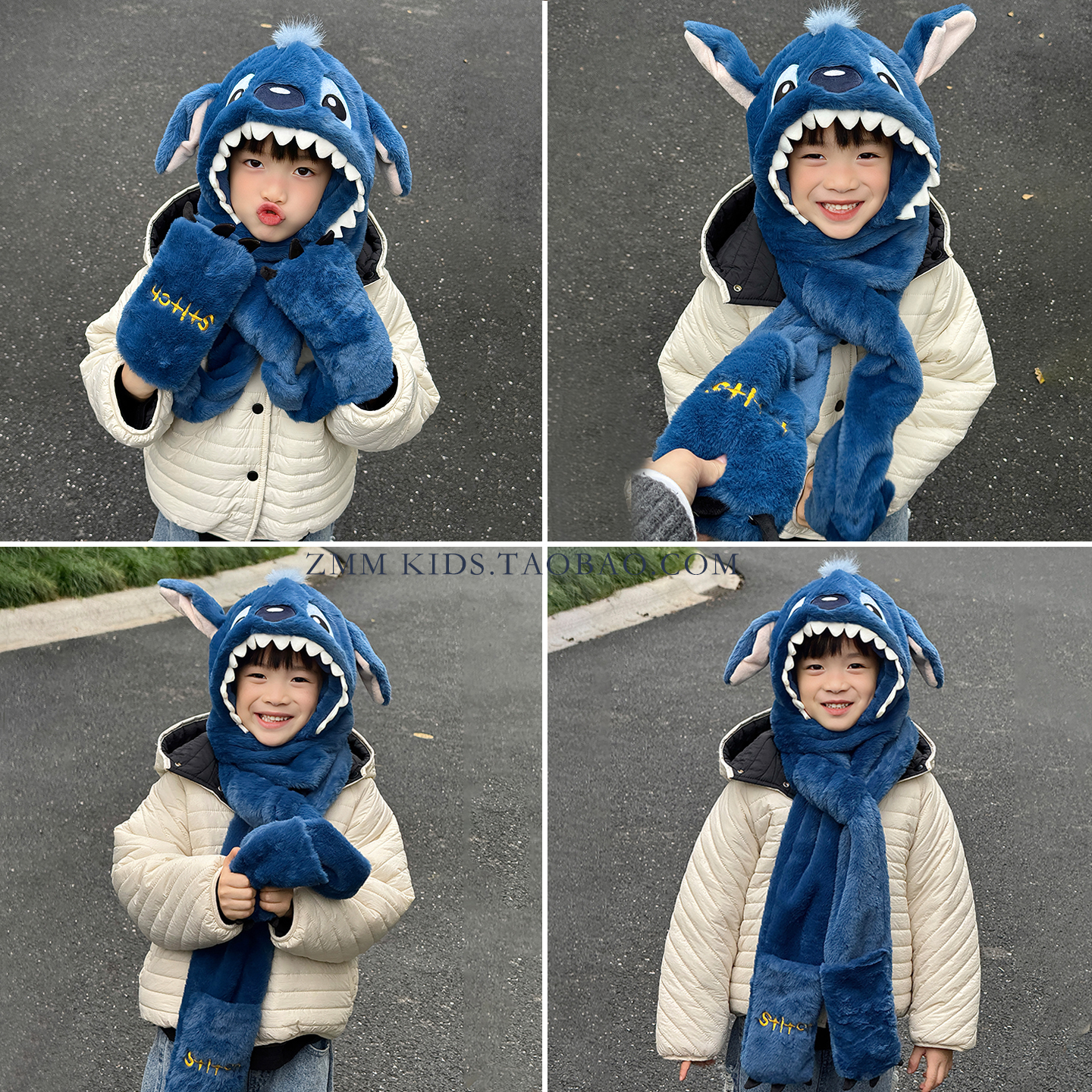 史迪仔帽子围巾一体儿童手套围脖2025新款冬季大男孩捏耳朵会动的