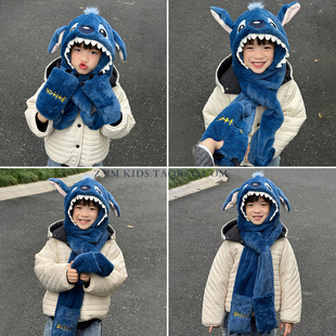 大男孩捏耳朵会动 史迪仔帽子围巾一体儿童手套围脖2025新款 冬季