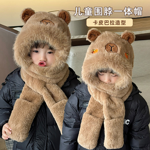 卡皮巴拉帽子儿童围巾一体手套三件套2025新款冬季围脖大男孩冬天