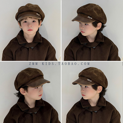 儿童贝雷帽子小男孩痞帅气炸街2025新款潮酷灯芯绒报童前进秋季冬