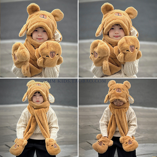 卡皮巴拉帽子围巾一体冬季围脖小手套三件套女捏耳朵会动的大男孩