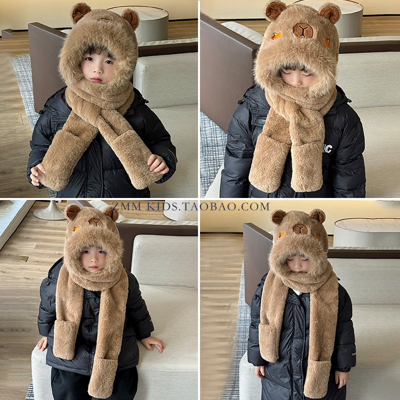 卡皮巴拉帽子儿童围巾一体冬季手套2025新款三件套围脖冬天大男孩