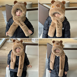 卡皮巴拉帽子儿童围巾一体冬季手套三件套围脖东北防寒冬天大男孩