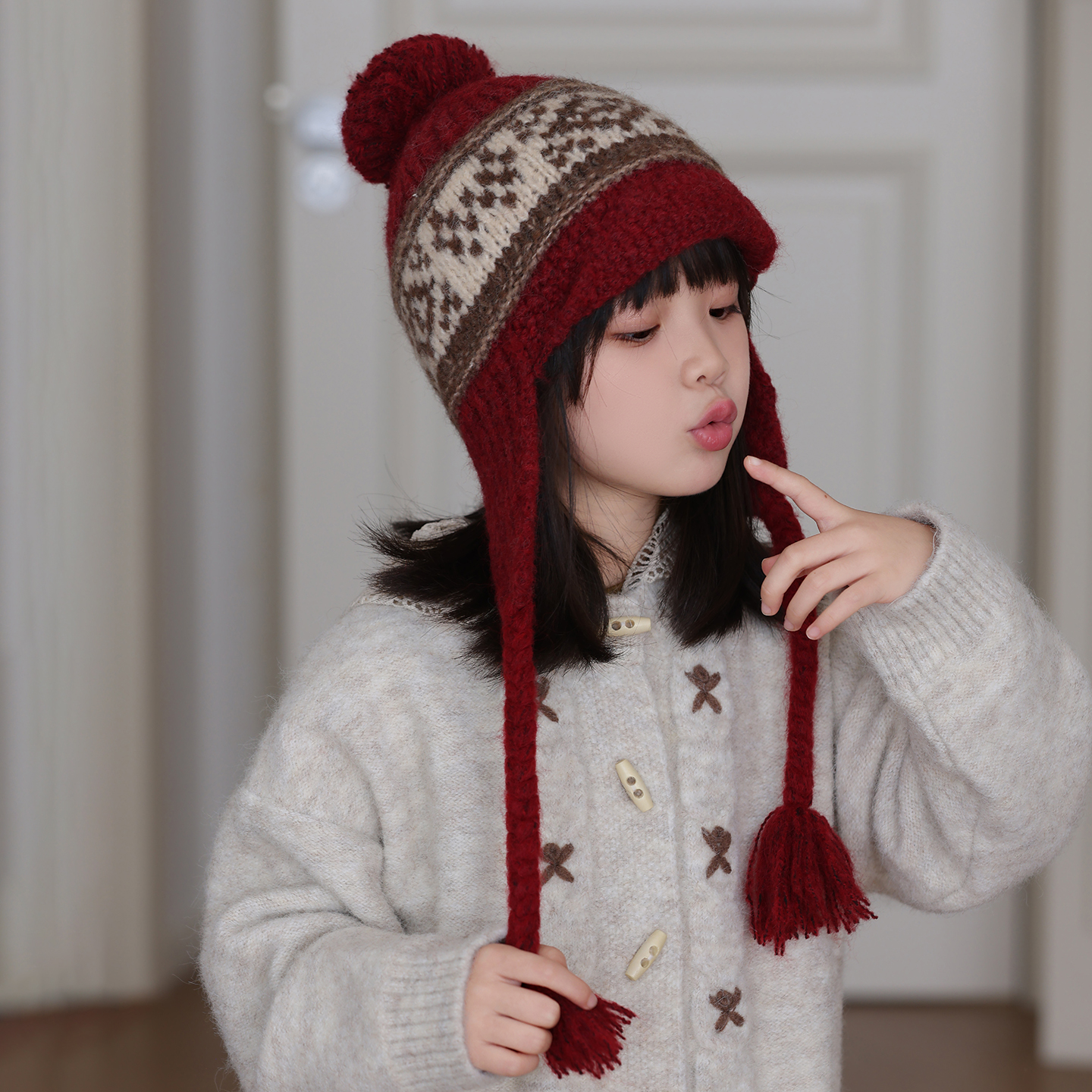 儿童毛线帽子费尔岛女款2025年新款冬季针织护耳中大女孩洋气时尚