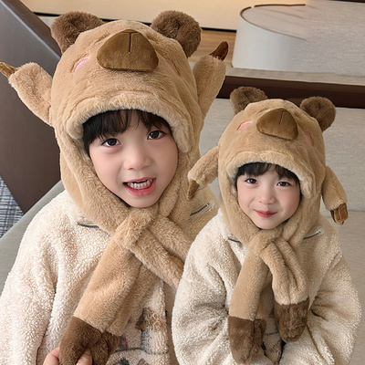 卡皮巴拉帽子儿童围巾一体围脖吧啦可捏耳朵会动的秋冬季冬天男孩