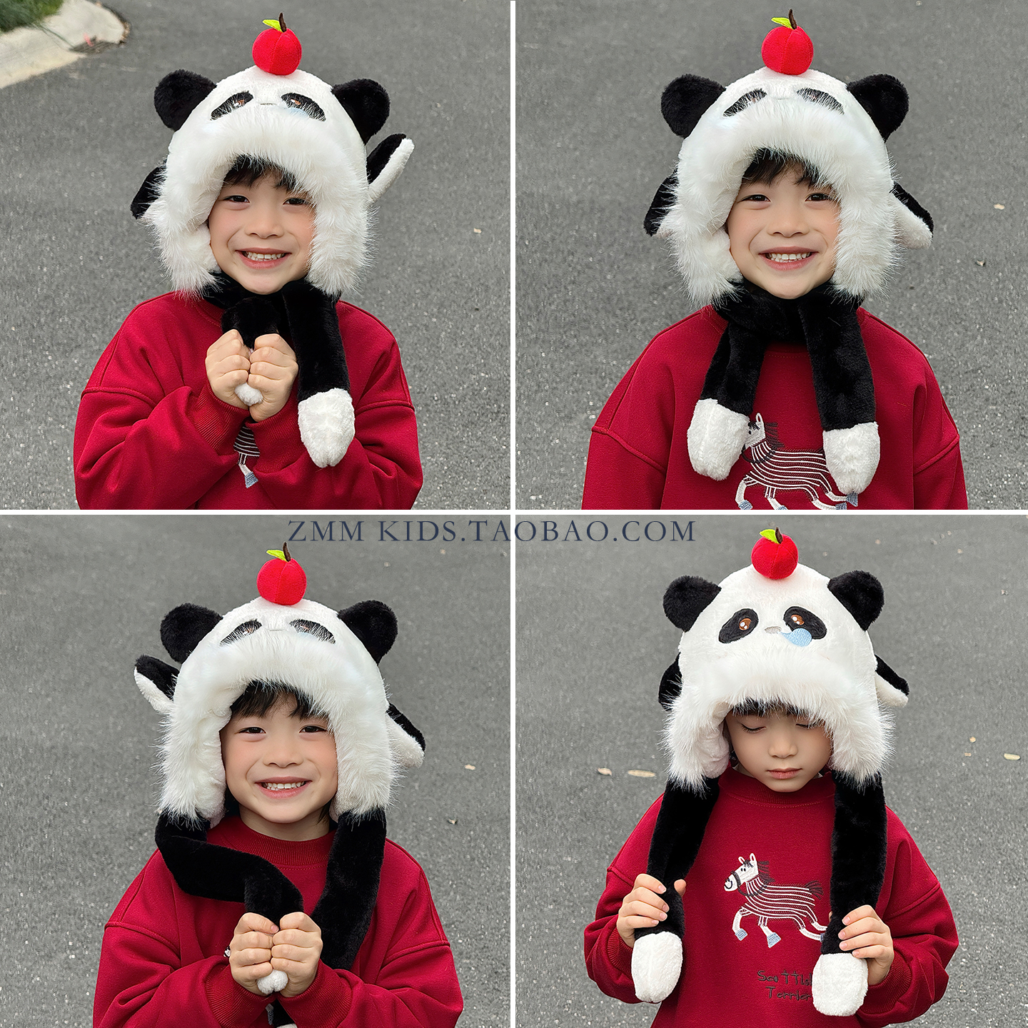 熊猫帽子围巾一体儿童2025新款冬季捏耳朵会动的围脖小男孩宝成都