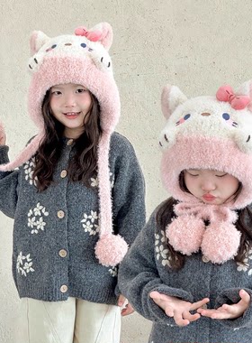 儿童帽子围巾一体护耳冬季大女孩猫哈喽小hellokitty洋气时髦冬天