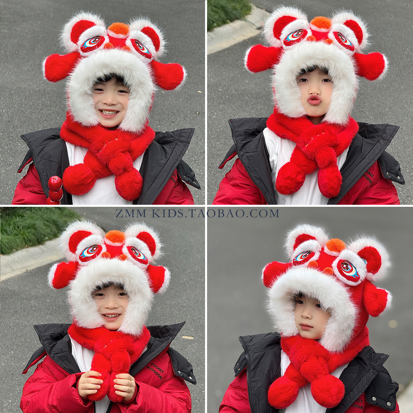 红色醒狮帽子围巾一体儿童男孩虎头捏耳朵会动的新年过年本命年马