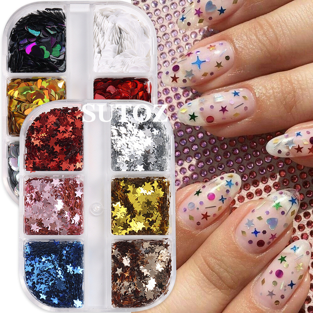 12格美甲亮片彩色五角星爱心形状