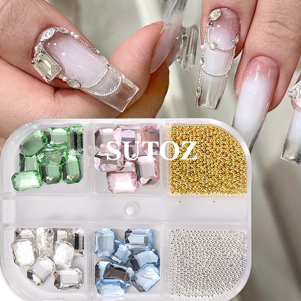 2025夏日轻奢糖果6*8 方糖钻钢珠 6格指甲装饰缤纷美甲钻尖底堆钻