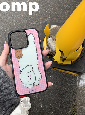 pomp原创设计两色手绘小狗全包磁吸手机壳磁吸支架组合格子撞色ins日韩风16pro15promax磁吸手机壳