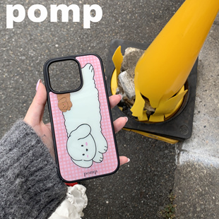 pomp原创设计两色手绘小狗全包磁吸手机壳磁吸支架组合格子撞色ins日韩风16pro15promax磁吸手机壳