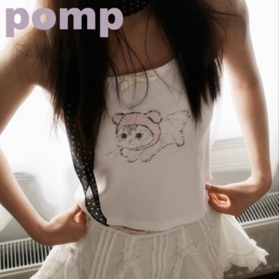 pomp原创设计印花手绘帽子小猫白色蝴蝶结吊带背心ins风韩女夏款