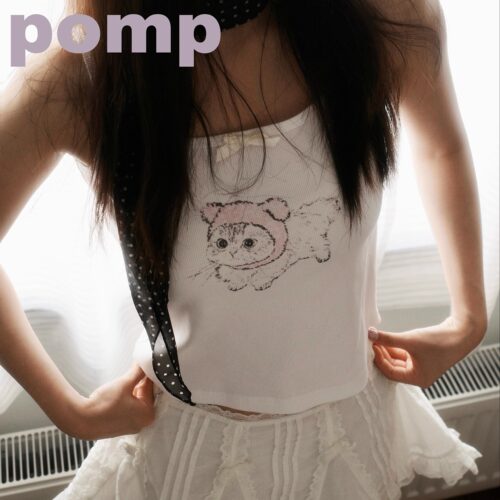 pomp原创设计印花手绘帽子小猫白色蝴蝶结吊带背心ins风韩女夏款