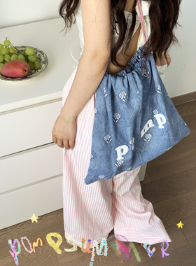 pomp原创设计水洗牛仔玫瑰多用双肩包斜挎包托特包休闲手提大容量