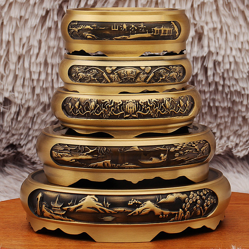 黄铜底座浮雕铜制圆形底座香炉荷花摆件双面浮雕缸葫芦木质底座,家居饰品,国学摆件,淘宝优惠券,粉丝福利购,淘宝优惠卷