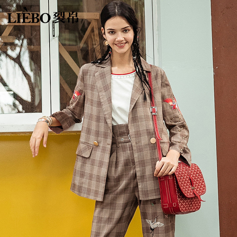 裂帛西服女2019秋冬新款刺绣复古格子英伦风格纹小西装外套女春秋