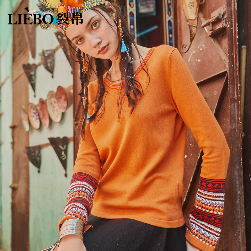 裂帛宽松套头长袖毛衣女2019冬新款复古港风喇叭袖打底上衣针织衫