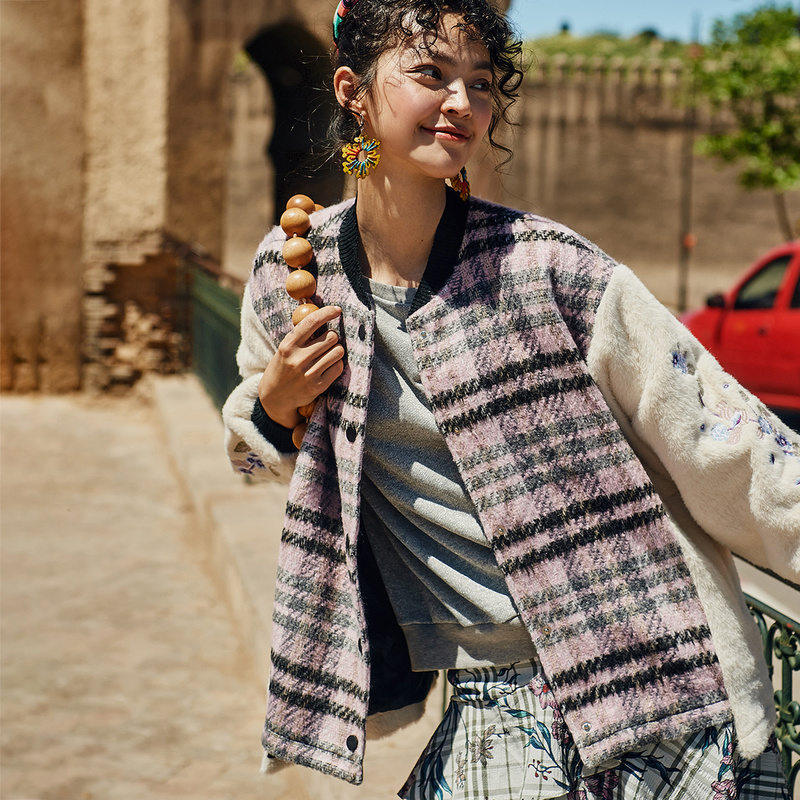 裂帛短款毛呢大衣女2020秋装新款格子流行宽松刺绣学院风呢子外套