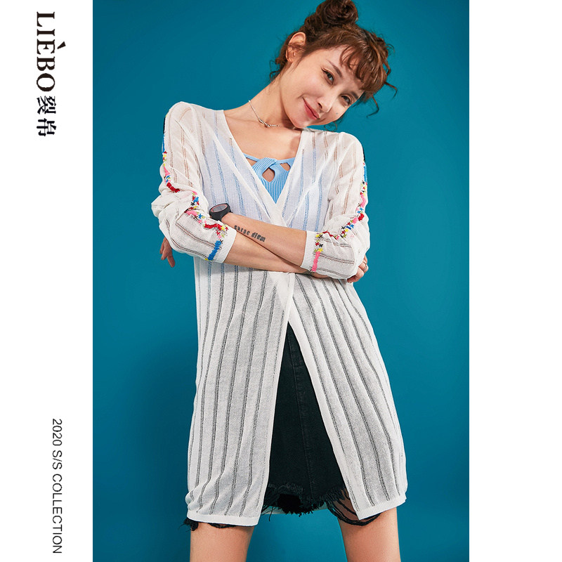 裂帛2020夏季新款简约chic镂空条缤纷刺绣中长款轻薄针织衫女