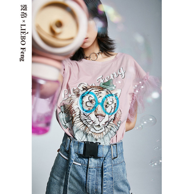 裂帛LIEBOFeng2020春夏新款文艺浪漫网纱花边Logo刺绣宽松T恤女