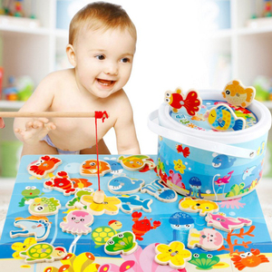 包邮磁性钓鱼木制儿童早教玩具仿真过家家拼图拼板桶装钓鱼玩具