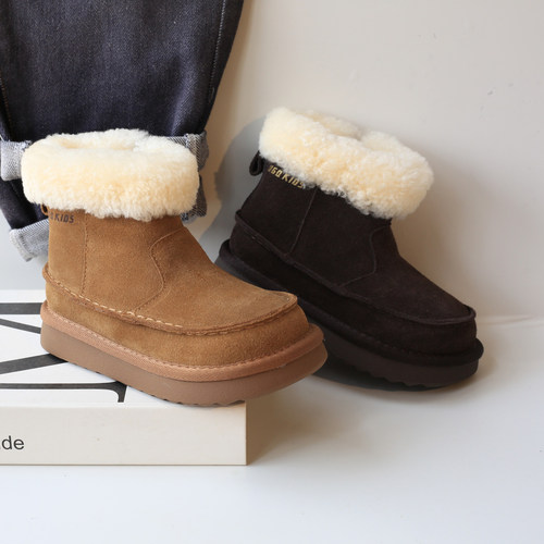 韩版毛口真皮儿童大棉鞋加绒加厚男童靴子2025新款冬鞋女童雪地靴