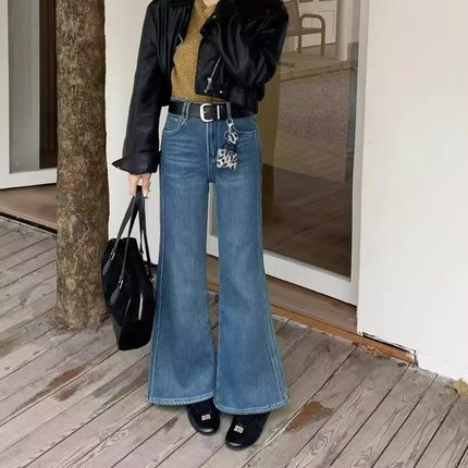 E+E76021欧版高品质韩系百搭加绒喇叭裤显瘦复合绒厚款牛仔微喇裤