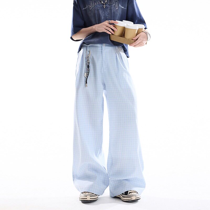 美式复古格子休闲裤女春季新款中性高腰宽松显瘦慵懒风直筒裤子男